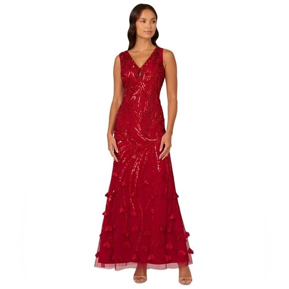 NWT Adrianna Papell Beaded Petal Trim Gown/Maxi Dress Woman's Size 10 Cranberry